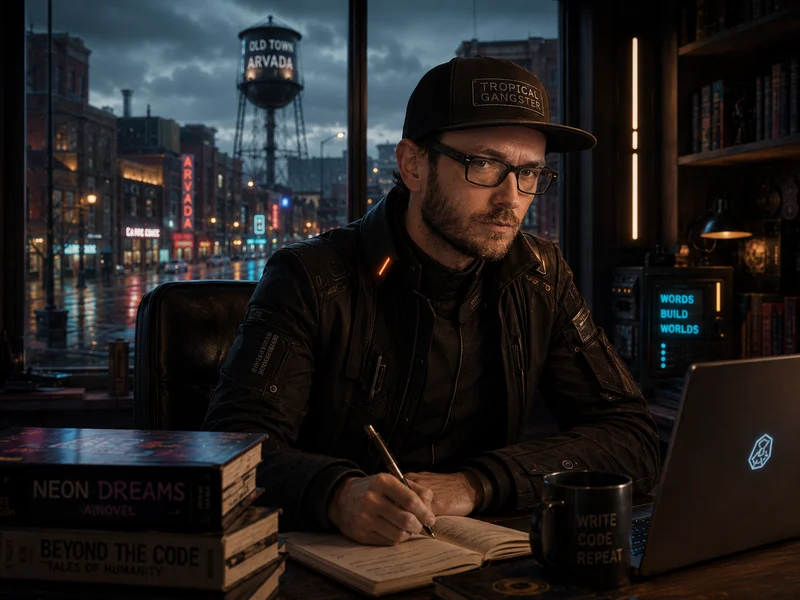 Jarrod Cary writing in a neon-lit Arvada author studio